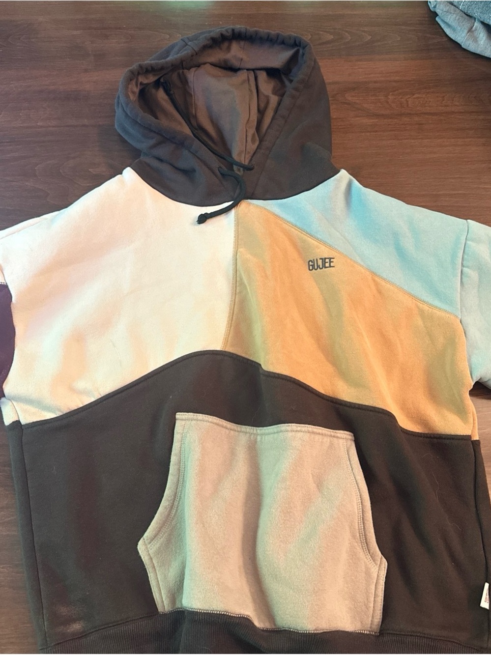 Zaful Colorblock Hooded Sweatshirt in Brown, Cream, Yellow, Light Blue